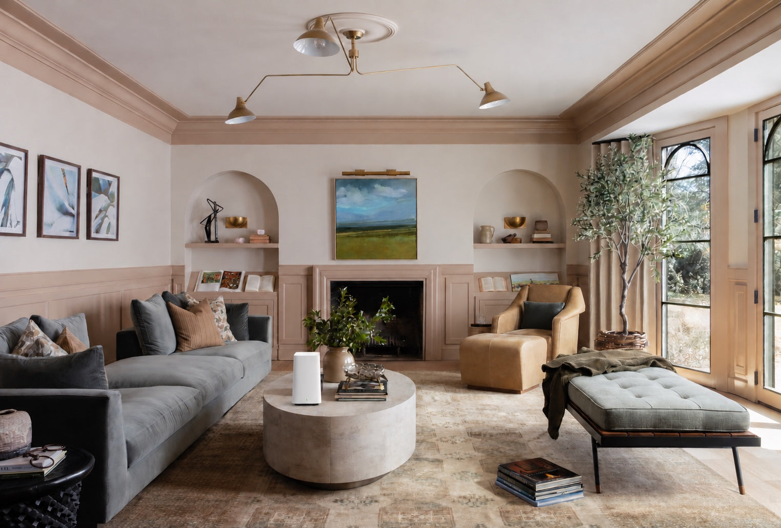 A Gryphon router on a marble coffee table in a sunlit family living room